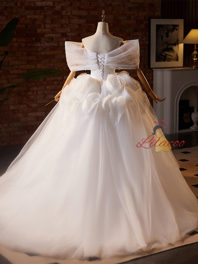 White Tulle Off the Shoulder 3D Flower Wedding Dress
