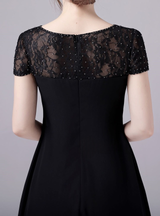 Black Chiffon Lace Cap Sleeve Mother Of The Bride Dress