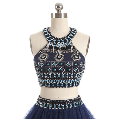 Navy Blue Two Piece Beading Homecoming Dress