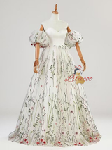 White Tulle Embroidery Puff Sleeve Prom Dress