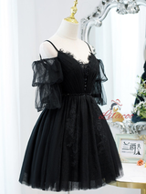 Black Tulle Lace Pleats Homecoming Dress