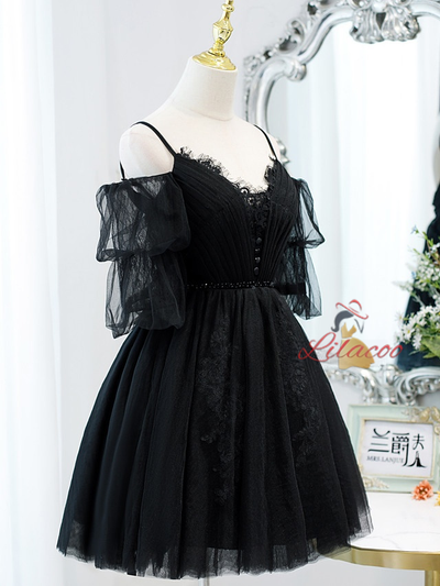 Black Tulle Lace Pleats Homecoming Dress