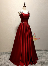 Burgundy Satin Straps Pearls Prom Dress