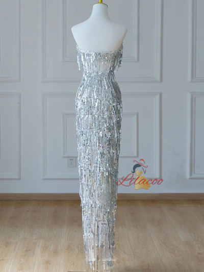 Silver Mermaid Sequins Strapless Prom Dress