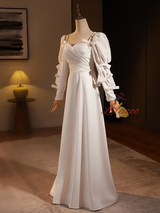 White Satin Long Sleeve Pearls Pleats Wedding Dress