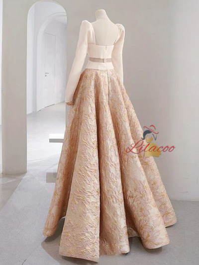 Champagne Long Sleeve 3D Flower Prom Dress