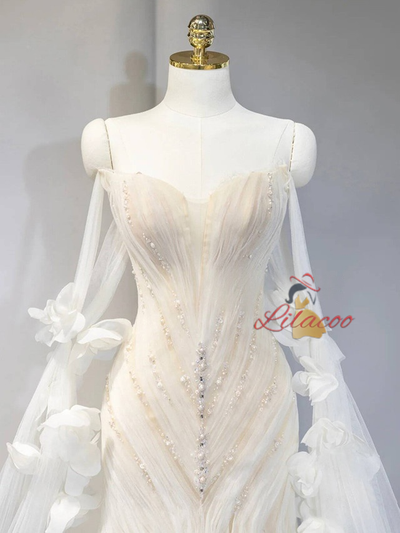 White Mermaid Tulle Pleats Pearls Wedding Dress