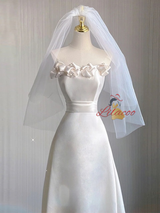 Simple White Satin Strapless Flower Wedding Dress