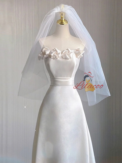 Simple White Satin Strapless Flower Wedding Dress
