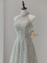 Gray Sequins Halter Beading Prom Dress