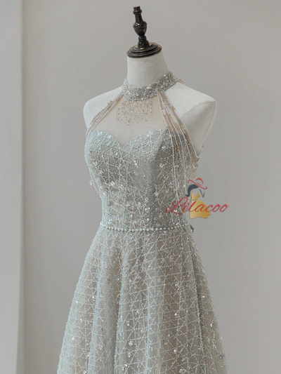 Gray Sequins Halter Beading Prom Dress