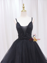 Black Tulle Sequins Straps Beading Homecoming Dress