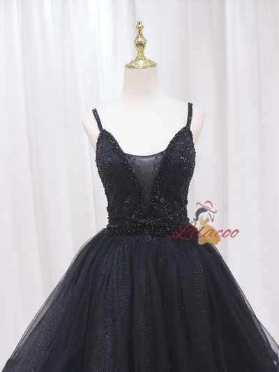 Black Tulle Sequins Straps Beading Homecoming Dress
