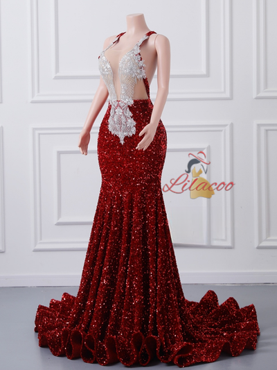 Burgundy Mermaid Sequins Backless Prom Dress