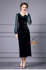 Green Velvet Pleats Beading Mother Of The Bride Dress