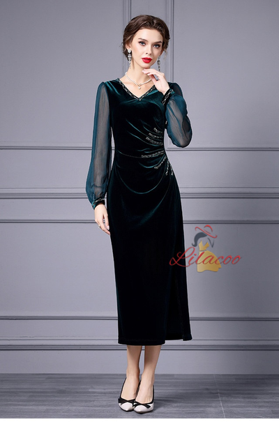Green Velvet Pleats Beading Mother Of The Bride Dress