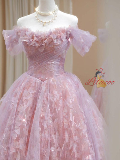 Pink Purple Tulle Off the Shoulder Prom Dress