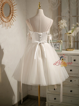 Ivory Tulle Satin Pearls Homecoming Dress