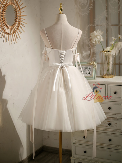 Ivory Tulle Satin Pearls Homecoming Dress