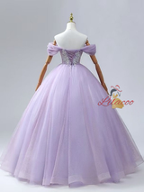 Lavender Tulle Off the Shoulder Sequins Beading Prom Dress