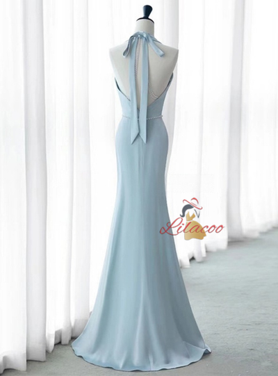 Blue Mermaid Halter Backless Pleats Pearls Prom Dress