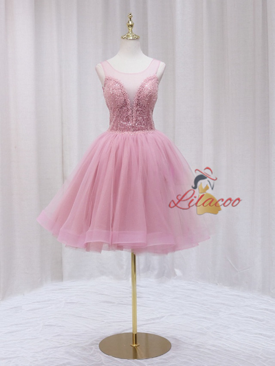 Pink Tulle Sequins Beading Backless Homecoming Dress