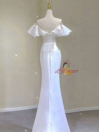 Sexy White Mermaid Pearls Wedding Dress