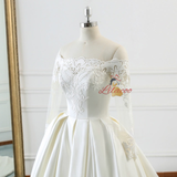 Ivory White Satin Long Sleeve Wedding Dress