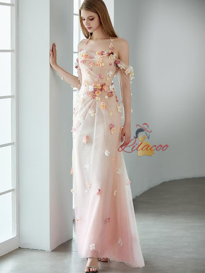 Sexy Pink Tulle Long Sleeve Flower Prom Dress