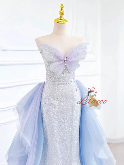Blue Purple Tulle Sequins Strapless Prom Dress