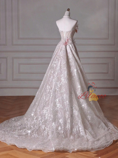 Pink Tulle Sequins Strapless 3D Flower Prom Dress