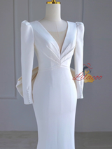 White Mermaid Long Sleeve V-neck Backless Wedding Dress