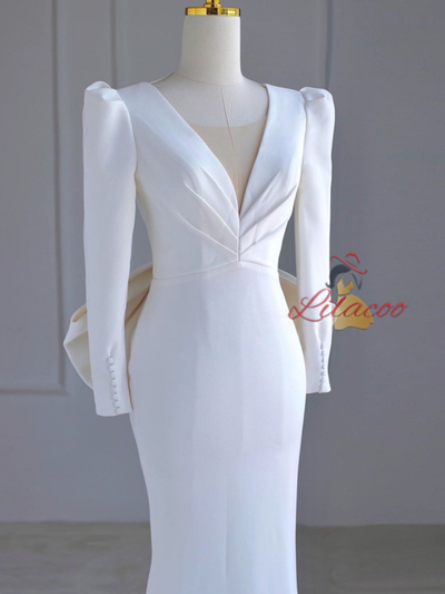 White Mermaid Long Sleeve V-neck Backless Wedding Dress