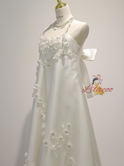 White Satin Loose Flower Wedding Dress