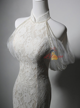 White Mermaid Lace High Neck Wedding Dress
