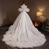 White Satin Sweetheart Pleats Flower Wedding Dress