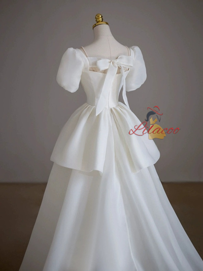 White Tulle Puff Sleeve Pleats Wedding Dress