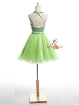 Pink Two Piece Halter Crystal Homecoming Dress