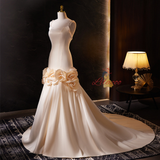Champagne Mermaid Satin Pearls Wedding Dress
