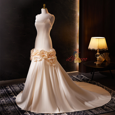 Champagne Mermaid Satin Pearls Wedding Dress