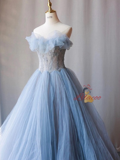 Blue Tulle Lace Pleats Strapless Prom Dress