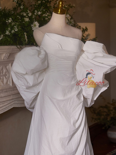 White Pleats Strapless Wedding Dress