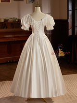 Vintage Satin Lace Puff Sleeve Wedding Dress