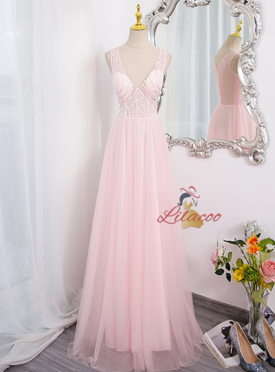 Blue Tulle V-neck Beading Prom Dress