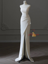 White Mermaid Strapless Pleats Split Wedding Dress