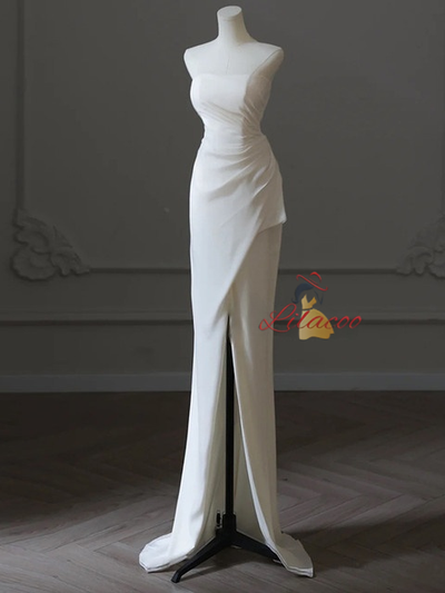 White Mermaid Strapless Pleats Split Wedding Dress
