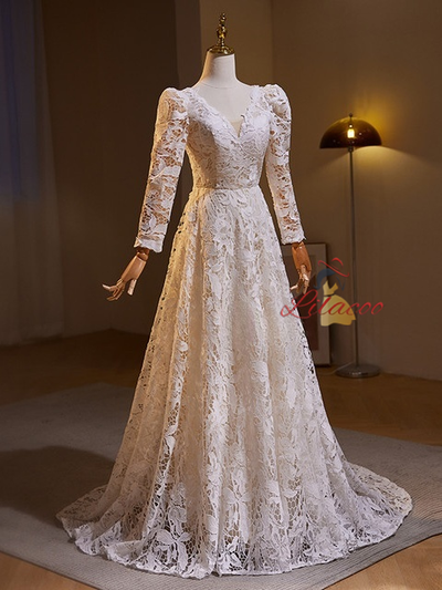 Simple White Lace Long Sleeve V-neck Wedding Dress