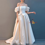White Satin Puff Sleeve Beading Wedding Dress