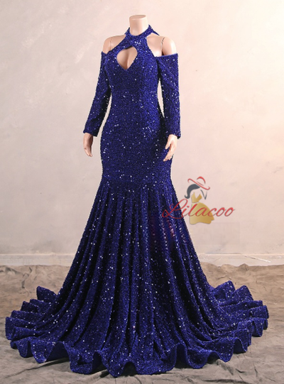 Blue Mermaid Halter Sequins Long Sleeve Prom Dress