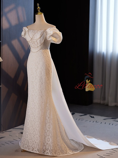 White Mermaid Lace Satin Pearls Wedding Dress
